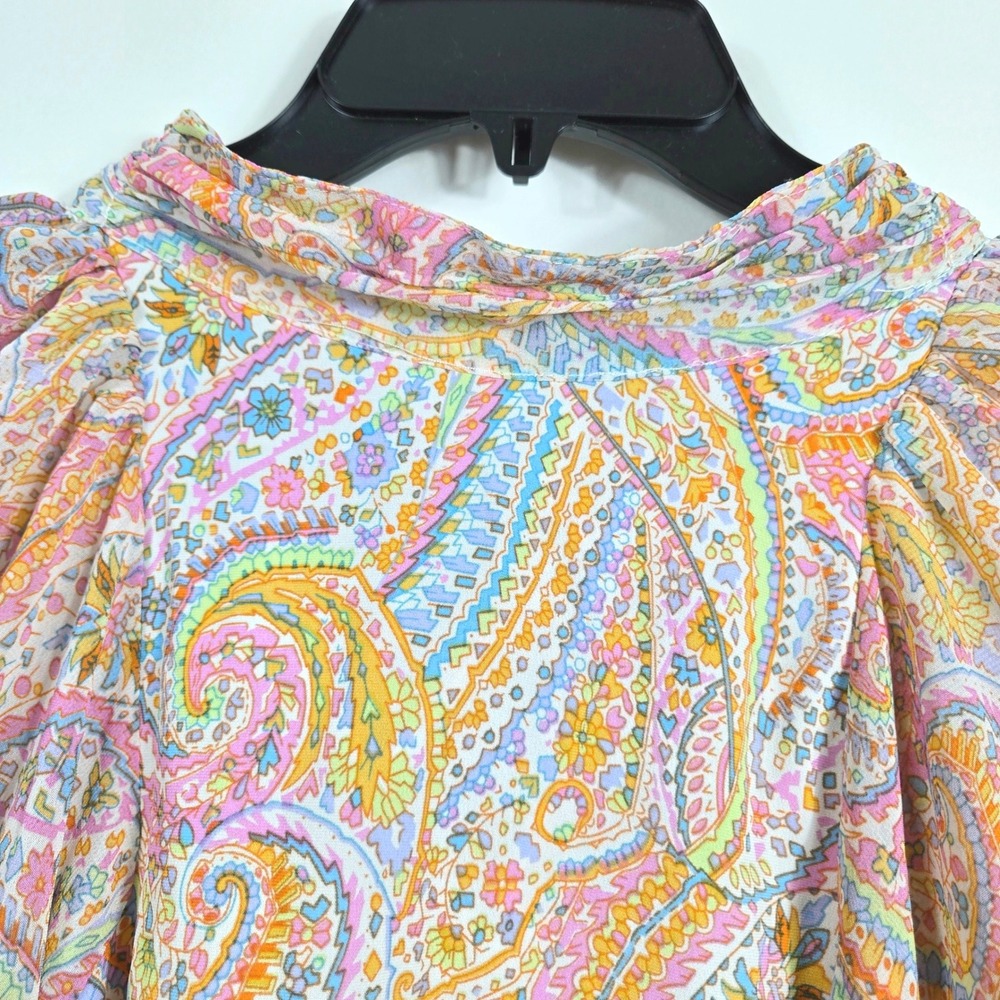 Entro Women Multicolored Paisley Print High Neck Puff Sleeve 70s Inspired Top XL
